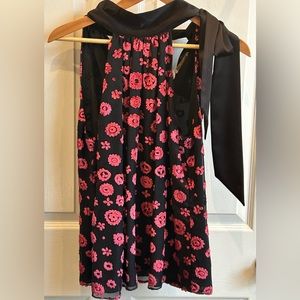 Ramy Brook Black Sleeveless Blouse with Pink Floral Design